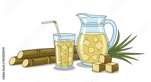 Refreshing sugarcane juice in a glass and pitcher with ice cubes fresh sugarcane stalks and leaves in a cool illustration.