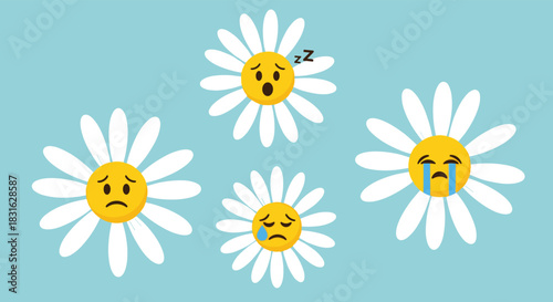 Set of four sad and tired daisy flower cartoon characters with crying sleeping and unhappy expressions on a blue background.