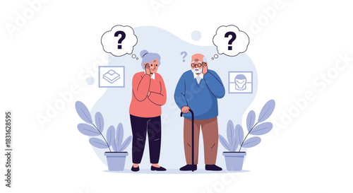 Confused elderly couple with question marks in thought bubbles representing memory loss from Alzheimer's or dementia.