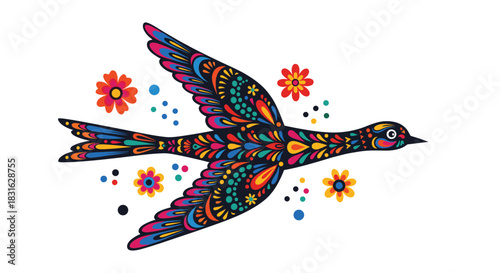 Colorful flying bird decorated with intricate and vibrant Mexican folk art patterns of flowers and dots for a festive design.