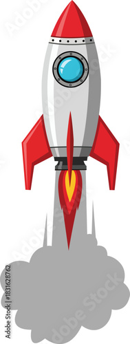 Red and white rocket ship with blue window blasting off with fire and smoke spaceship space