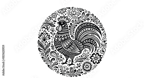 Black and white rooster with intricate folk art floral patterns in a decorative circular design for a vintage look.