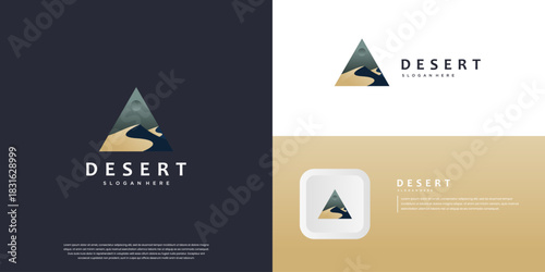 logo of a desert landscape with mountain peaks, symbol of vacation travel, nature explorer, vector design illustration.