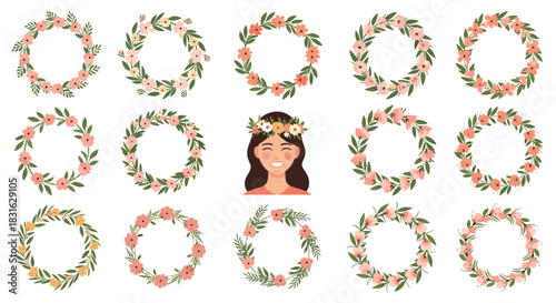 Collection of beautiful floral wreaths and a portrait of a happy woman with a flower crown for a spring or wedding theme.