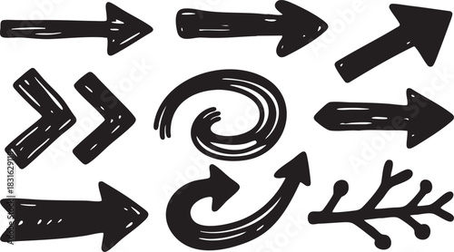 Hand-Drawn Arrow Clipart Set: Black Sketch Arrows, Curved & Directional Doodle Designs