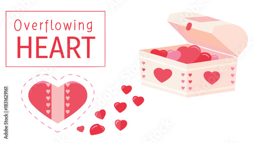 A treasure chest overflowing with red and pink hearts symbolizing love and affection with a large heart graphic and text