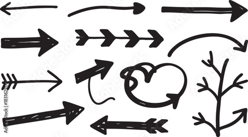 Hand-Drawn Arrow Clipart Set: Black Sketch Arrows, Curved & Directional Doodle Designs