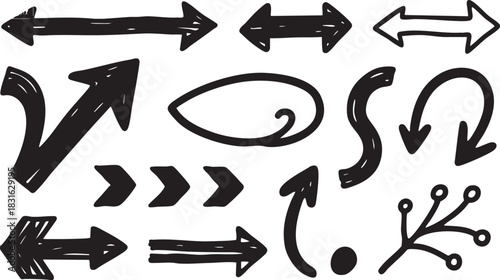 Hand-Drawn Arrow Clipart Set: Black Sketch Arrows, Curved & Directional Doodle Designs