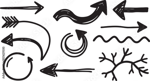 Hand-Drawn Arrow Clipart Set: Black Sketch Arrows, Curved & Directional Doodle Designs