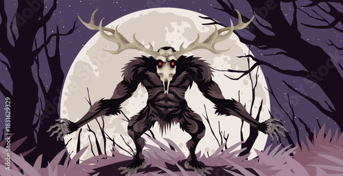 wendigo lurking in the night forest