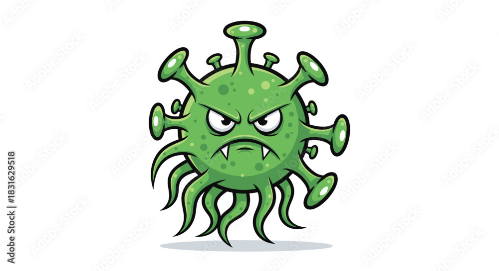 Fototapeta premium Angry green cartoon virus monster character with a menacing expression fangs and tentacles isolated on a white background.