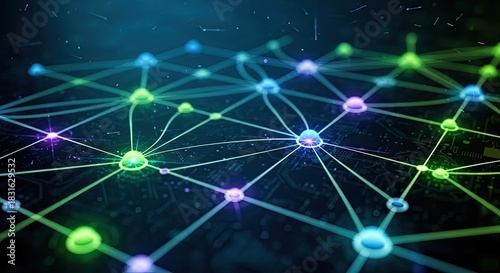 A complex network of interconnected nodes and lines on a dark background.