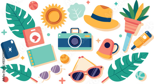 Summer vacation objects flat illustration with sun camera hat and sunglasses travel beach