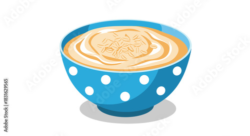 Healthy breakfast oatmeal porridge with grains served in a cute blue bowl with white polka dots isolated on a white background.