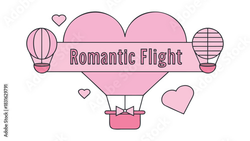 Whimsical pink heart shaped hot air balloon with romantic flight text and surrounding hearts for valentine s day