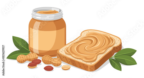 Classic breakfast or snack illustration of a jar of creamy peanut butter a slice of toast and shelled peanuts on white.