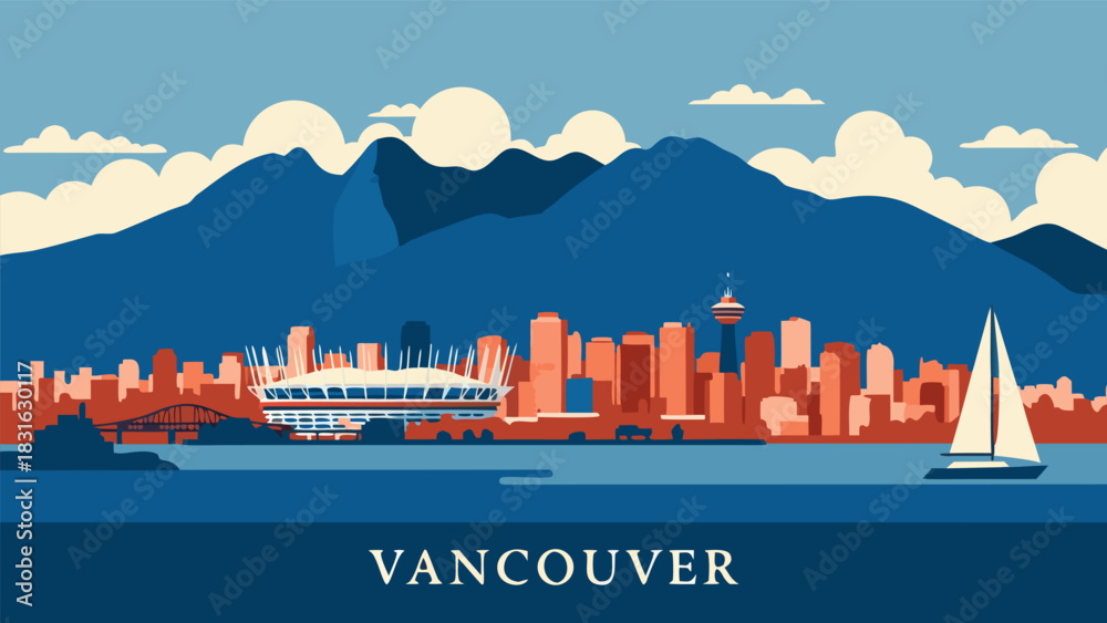 Obraz premium Scenic view of Vancouver skyline featuring iconic buildings and mountains with a sailboat on the water