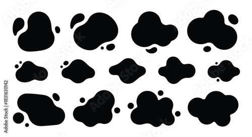 Collection of abstract black amorphous liquid blob shapes with a grainy texture for modern graphic design elements on white.