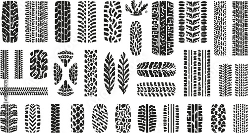 A collection of various tire track patterns, showcasing diverse tread designs and textures, perfect for design elements.