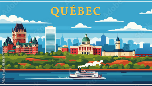 Quebec City Skyline Illustration A Colorful Vector Depiction of Buildings, Boats, and Landmarks, Suitable for Travel and Tourism