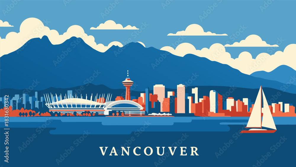 Obraz premium Vector illustration of the Vancouver skyline with mountains in the background and a sailboat on the water, showcasing a vibrant urban landscape