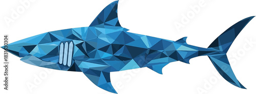 A geometric illustration of a shark displays a modern artistic representation of the marine predator, with a focus on its form and structure.
