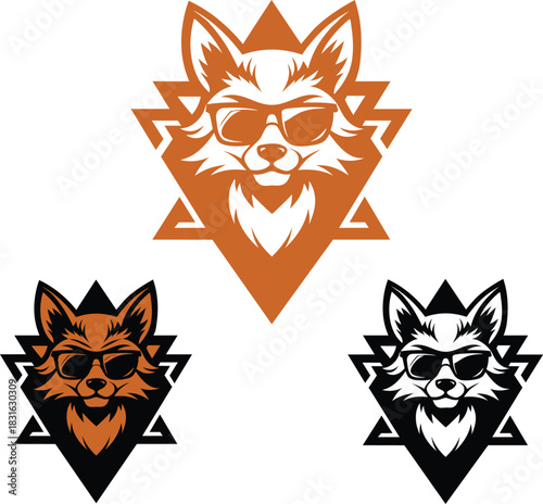Three stylized fox heads wearing sunglasses on geometric backgrounds animal