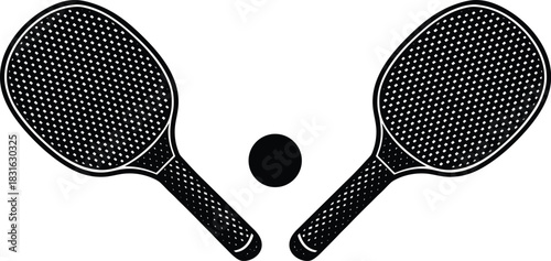 Two black ping pong paddles and ball on white background table tennis rackets