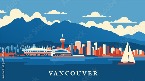 Vector illustration of the Vancouver skyline with mountains in the background and a sailboat on the water, showcasing a vibrant urban landscape