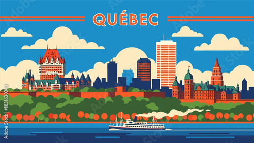 Dynamic depiction of a charming metropolitan area by the water, highlighting grand historic structures, sleek skyscrapers, and a picturesque boat journey