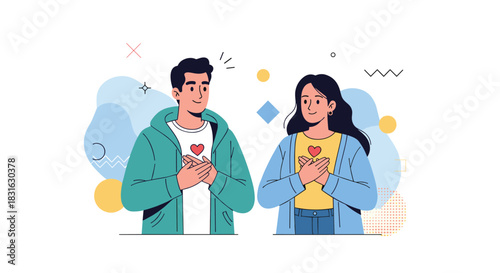 Heartfelt illustration of a man and woman showing gratitude and love by holding hands over their hearts with sincerity.