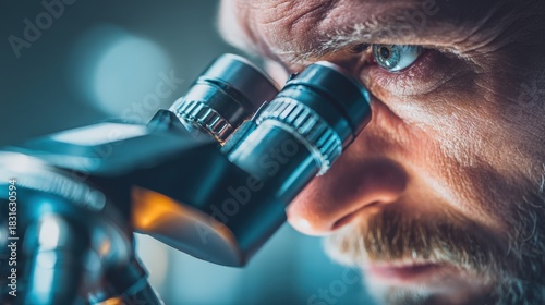 Adult man intensely examines specimen through the eyepiece of a scientific instrument
