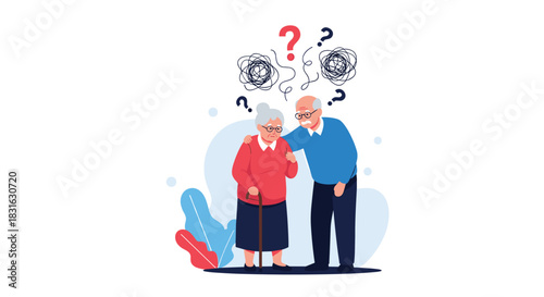 Caring elderly man comforting his confused wife who is suffering from dementia or alzheimer's disease memory loss.