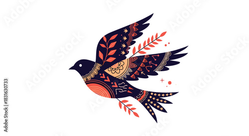 Beautiful flying bird decorated with intricate orange and navy blue folk art patterns representing peace hope and freedom.