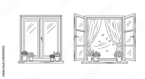Hand-drawn sketch illustration of a closed and an open window with blowing curtains and potted plants on the windowsill.