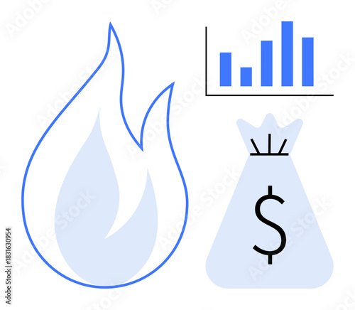 Money bag with dollar sign, bar chart showing growth, and flame icon for risk and investment concepts. Ideal for finance, business trends, profit strategy, analytics, risk management, economics