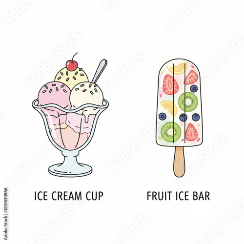 Refreshing ice cream sundae and colorful fruit ice bar graphic.
