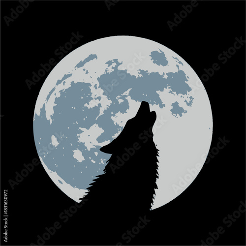 A silhouette of a howling wolf against a full moon in a starry night sky creates a mystical and captivating illustration.