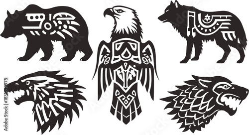 Intricate black and white illustrations of various wild animals, including a bear, eagle, and wolf, with detailed tribal designs.