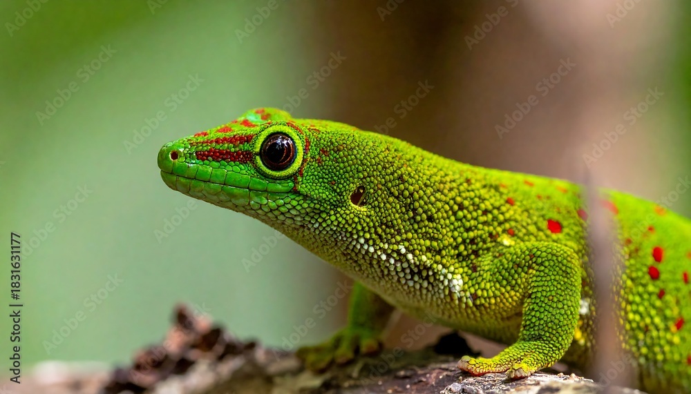 Fototapeta premium Close up of vibrant green gecko with red spots resting on a branch, against a blurred green background