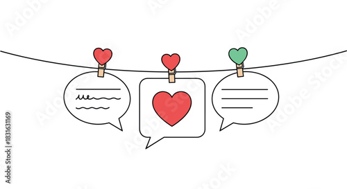 Cute illustration of speech bubbles and a red heart hanging on a clothesline with heart-shaped clips for love and communication.