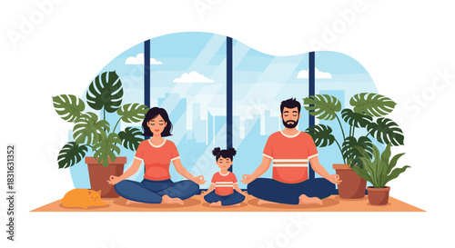 Happy family with a child and cat practicing yoga and meditation together in a cozy living room with plants and a city view.