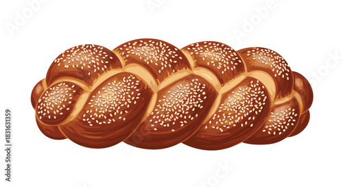 Freshly baked braided challah bread loaf with a golden brown crust and sprinkled with sesame seeds isolated on a white background.