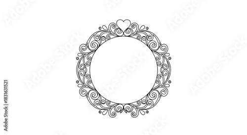 Elegant round vintage frame with intricate swirls and a heart detail in a black and white line art style for invitations or decor.