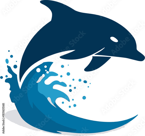 A vibrant illustration captures a playful dolphin leaping from ocean waves, showcasing marine life and its dynamic energy in a stylized graphic.