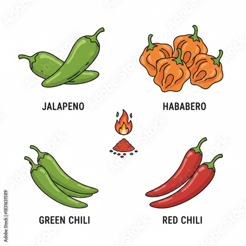 Variety of chili peppers: jalapeno, habanero, green, red and spice