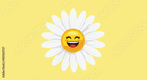 Cute and happy cartoon daisy flower character with a laughing emoji face on a bright yellow background for positive emotions.