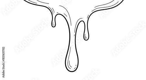 Hand-drawn black and white illustration of a thick liquid like honey or chocolate dripping down in a simple sketch style.