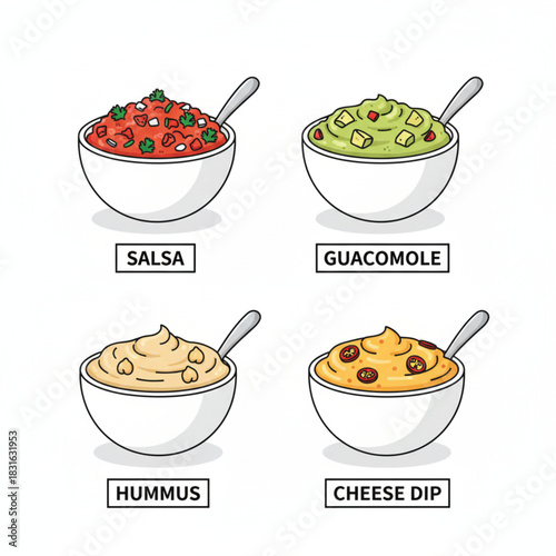 Four bowls of popular delicious dips: salsa, guacamole, hummus, cheese