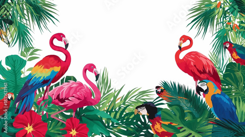 Vibrant illustration showcasing colorful flamingos and parrots amidst lush tropical foliage, creating a lively and exotic atmosphere for design.